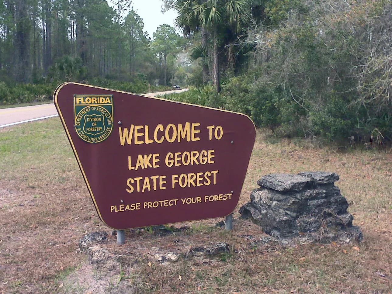 Welcome sign to the Lake George State Forest in Volusia County, Florida, USA. The sign was erected by the Florida Department of Agriculture, Division