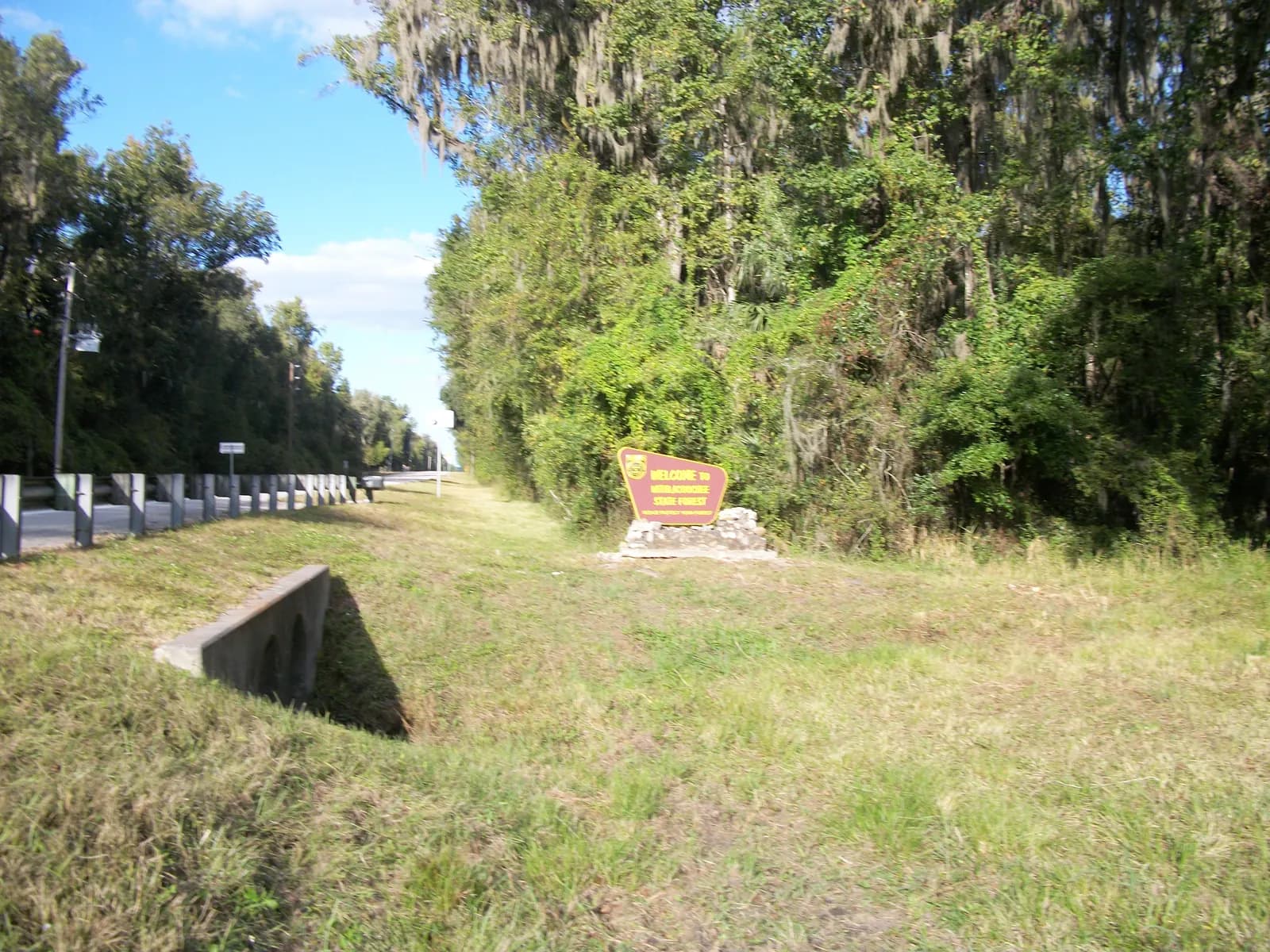 Stone-mounted Welcome shield for the Withlacoochee State Forest on the northeast corner of U.S. Route 41 and Hernando County Road 476 near Lake Lindse